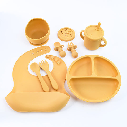 Yellow 8-Piece Silicone Children's Tableware Set - BPA-Free Baby Feeding Utensils with Fork, Spoon, Cup, Bowl, and Bibs - The Grand Bazaar of Australia