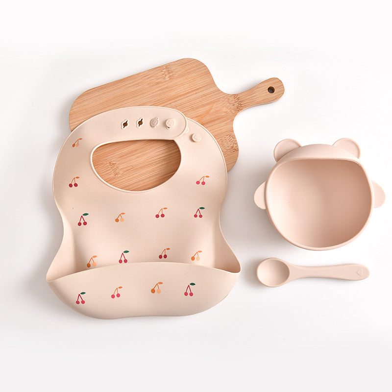 Cherry Pattern Beige Soft and Safe Silicone Baby Feeding Set – Bib, Bowl, and Spoon Combo for Mess-Free Meals - The Grand Bazaar of Australia