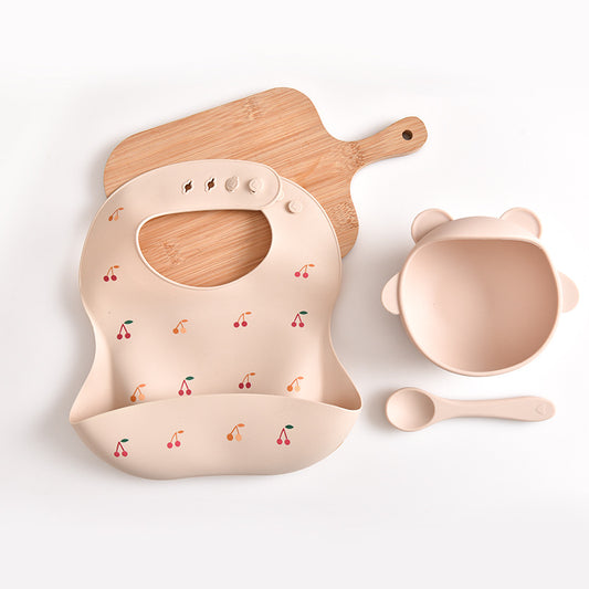 Cherry Pattern Beige Soft and Safe Silicone Baby Feeding Set â Bib, Bowl, and Spoon Combo for Mess-Free Meals - The Grand Bazaar of Australia
