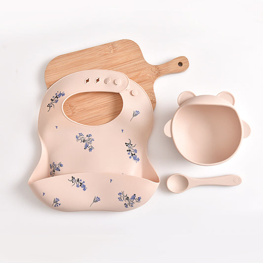 Lilac Pattern Beige Soft and Safe Silicone Baby Feeding Set - Bib, Bowl, and Spoon Combo for Mess-Free Meals - The Grand Bazaar of Australia