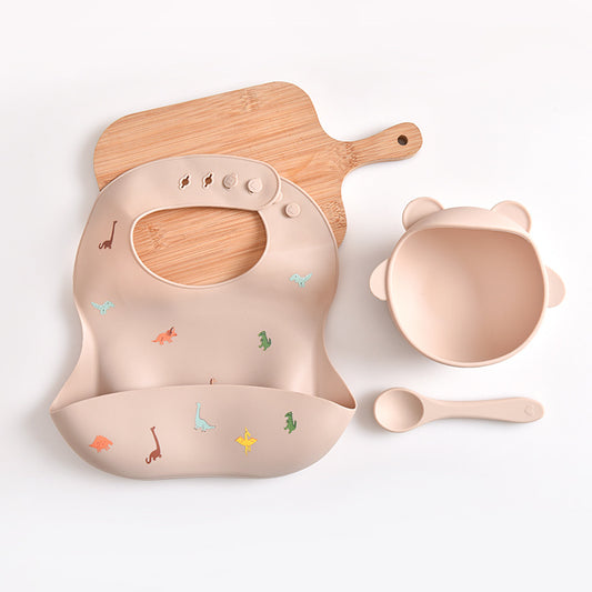 Dinosaur Pattern Beige Soft and Safe Silicone Baby Feeding Set - Bib, Bowl, and Spoon Combo for Mess-Free Meals - The Grand Bazaar of Australia