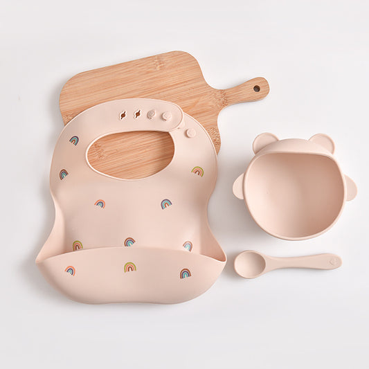 Rainbow Pattern Beige Soft and Safe Silicone Baby Feeding Set - Bib, Bowl, and Spoon Combo for Mess-Free Meals - The Grand Bazaar of Australia