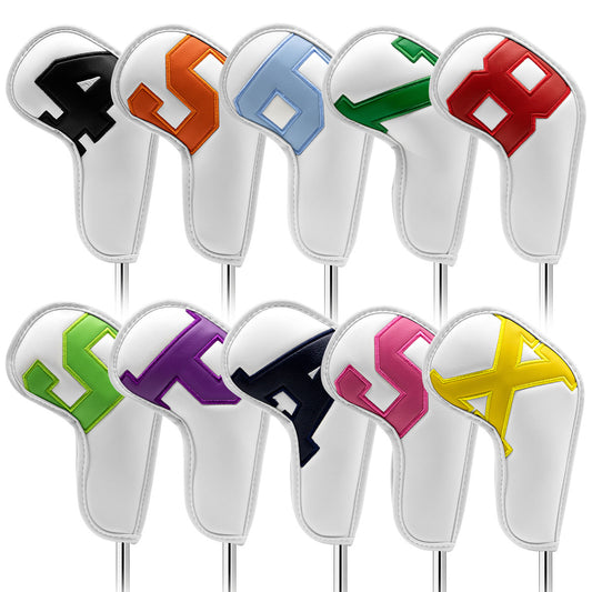 White covers with various colored numbers, Premium PU Leather Golf Iron Headcover Set (10pcs) | Numbered 4-9, P, S, A, X | Protective Club Covers for Irons