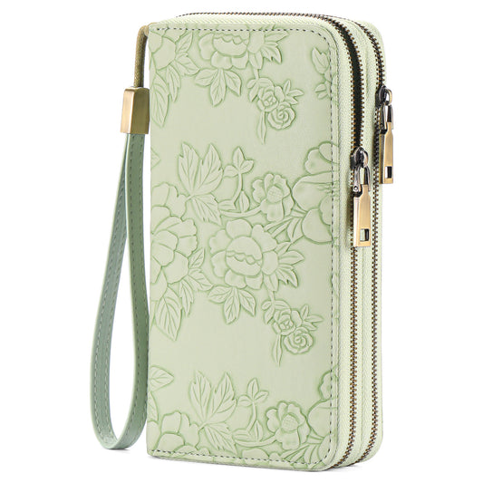 Women's Large Capacity Double Zip Wallet Clutch | PU Leather Floral Embossed Wristlet | Phone Holder with 24 Card Slots - Green