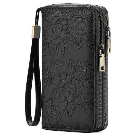 Women's Large Capacity Double Zip Wallet Clutch | PU Leather Floral Embossed Wristlet | Phone Holder with 24 Card Slots - Black
