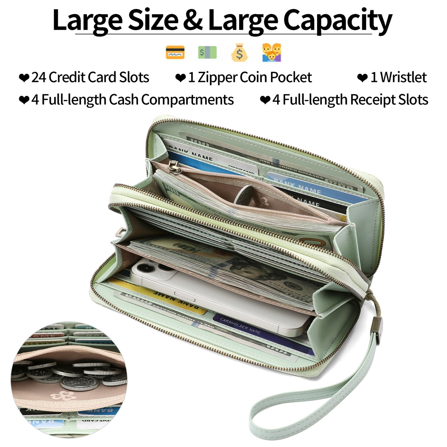 Women's Large Capacity Double Zip Wallet Clutch | PU Leather Floral Embossed Wristlet | Phone Holder with 24 Card Slots - Purple