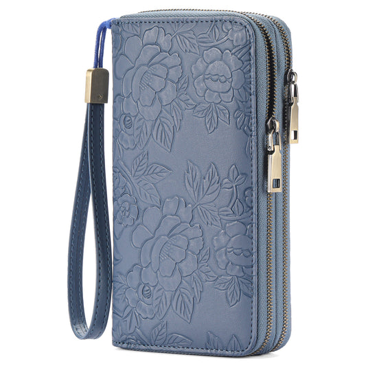 Women's Large Capacity Double Zip Wallet Clutch | PU Leather Floral Embossed Wristlet | Phone Holder with 24 Card Slots - Blue