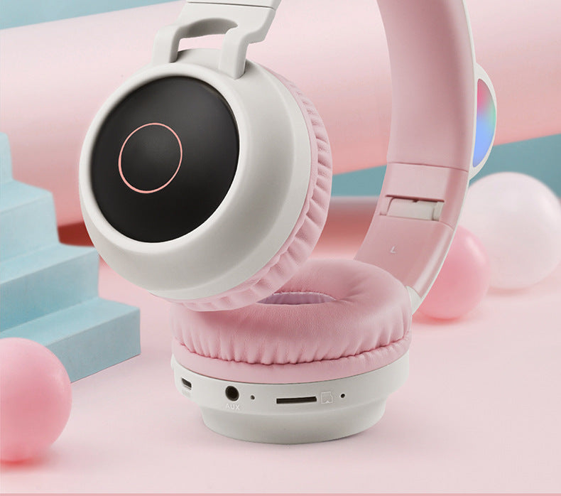 Adorable Cat Ear Wireless Headphones - Bluetooth 5.0, Foldable Design, Glowing RGB LED Lights - Cute Grey Headset