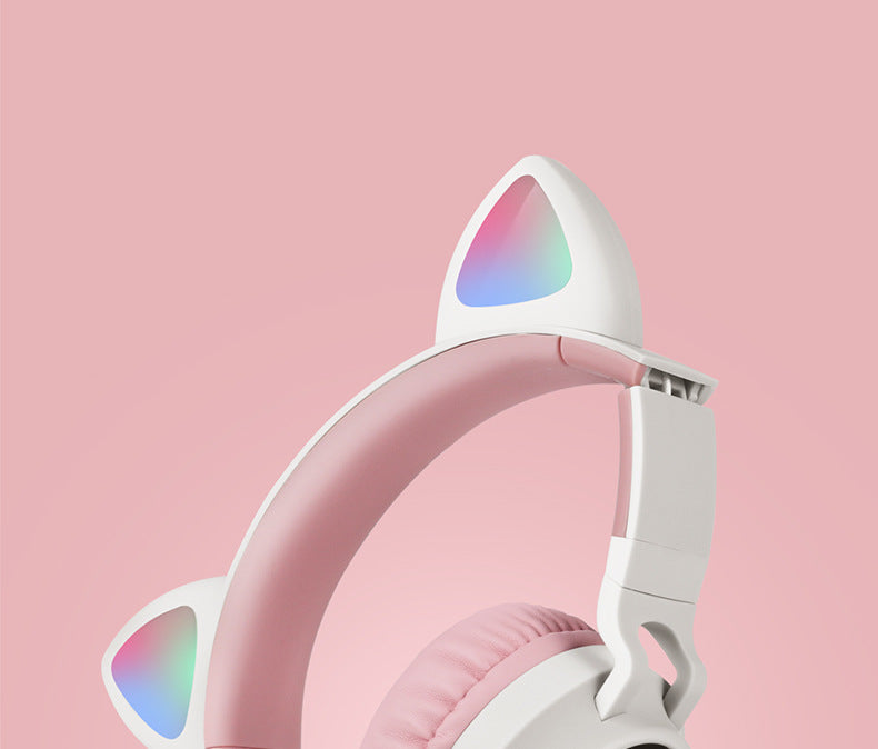 Adorable Cat Ear Wireless Headphones - Bluetooth 5.0, Foldable Design, Glowing RGB LED Lights - Cute Grey Headset
