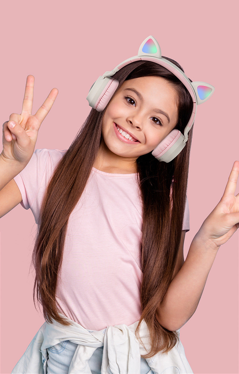 Adorable Cat Ear Wireless Headphones - Bluetooth 5.0, Foldable Design, Glowing RGB LED Lights - Cute Grey Headset