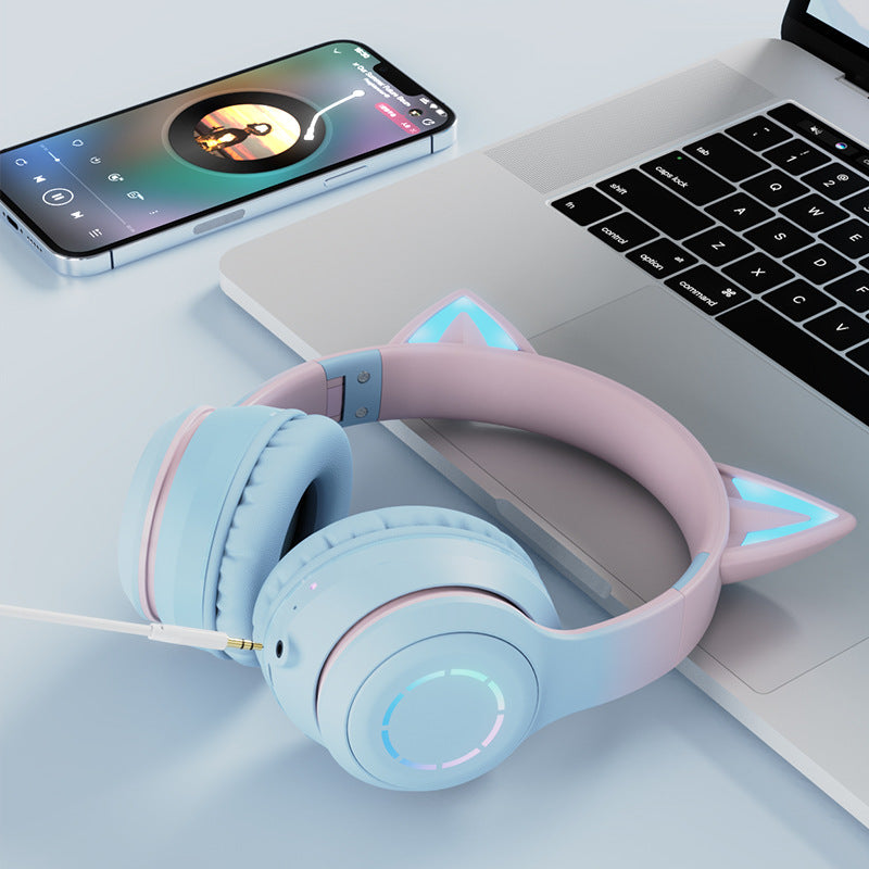 Pink Wireless Cat Ear Headphones with RGB Lights & Detachable Mic - Bluetooth 5.1