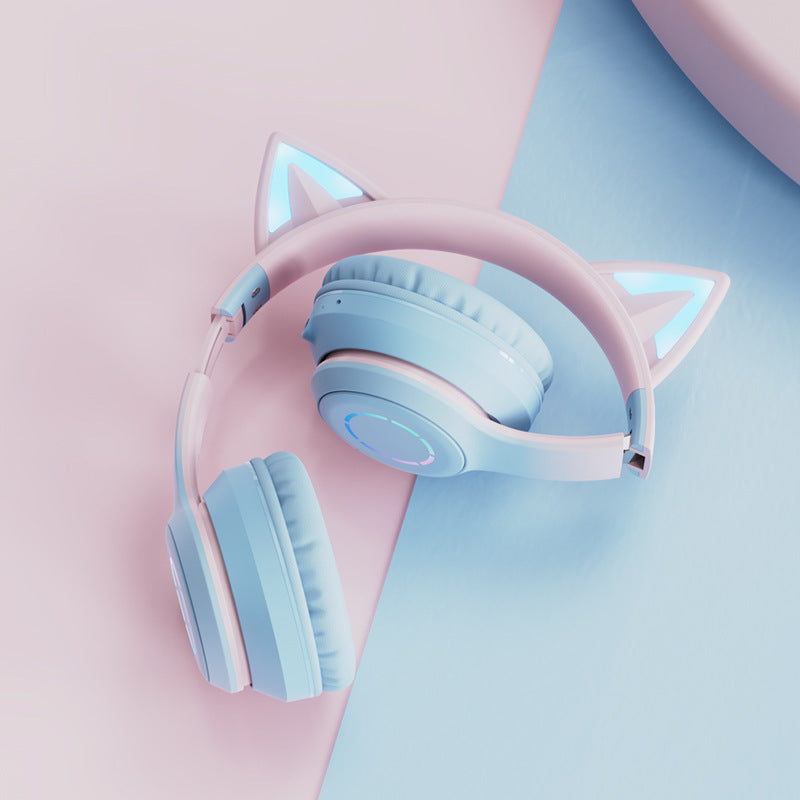 Pink Wireless Cat Ear Headphones with RGB Lights & Detachable Mic - Bluetooth 5.1