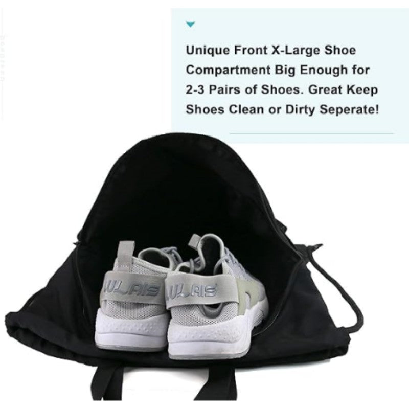 Black Multi-Pocket Drawstring Backpack Gym Bag with Zipper Compartments, Bottle Holders & Reflective Strip