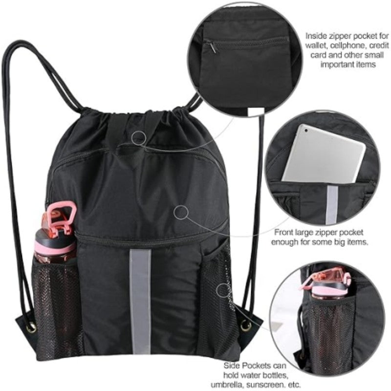 Blue Multi-Pocket Drawstring Backpack Gym Bag with Zipper Compartments, Bottle Holders & Reflective Strip