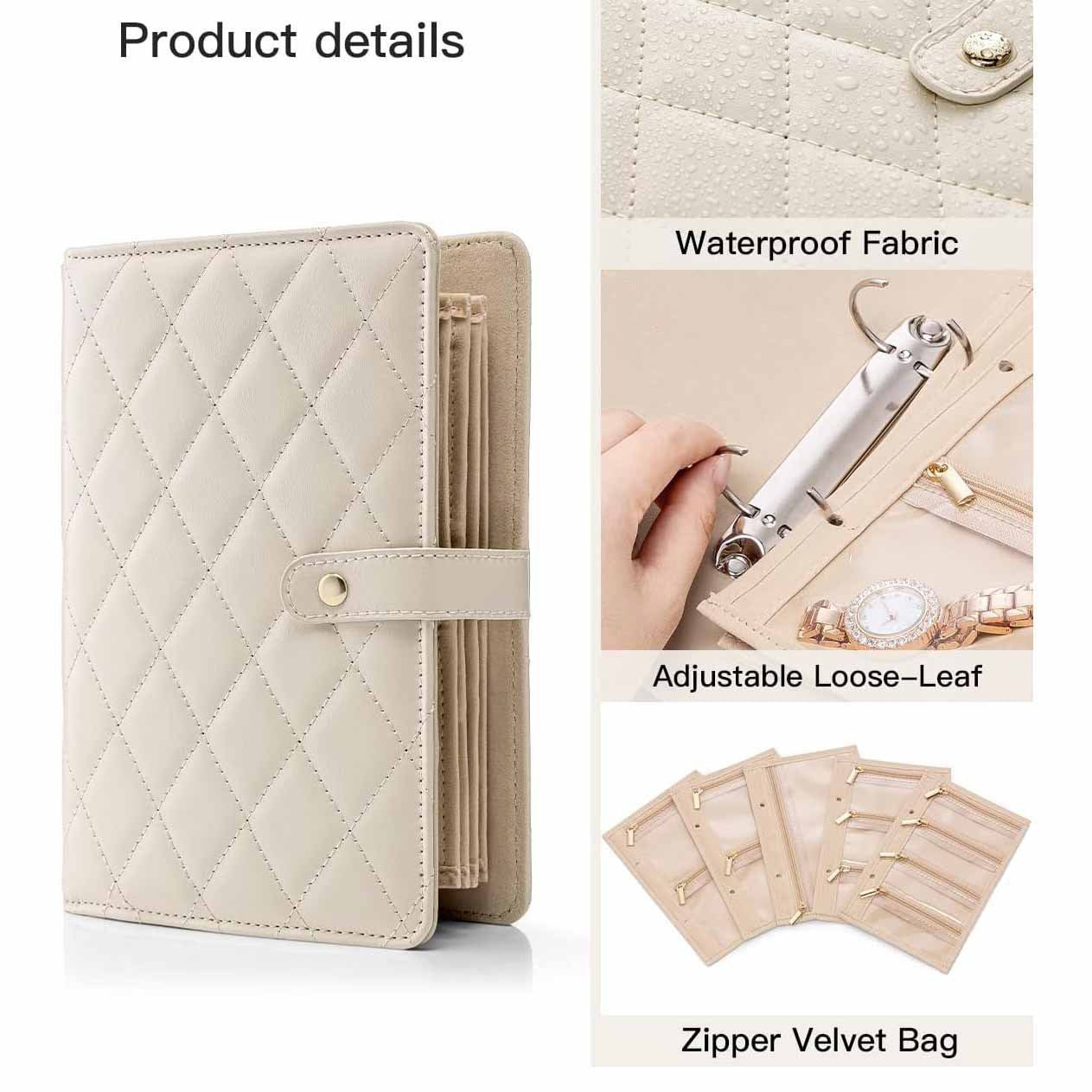 Black Elegant Quilted Travel Jewelry Organizer Binder - Portable Loose-Leaf Storage Book with Clear Zipper Pockets for Earrings, Necklaces, Rings
