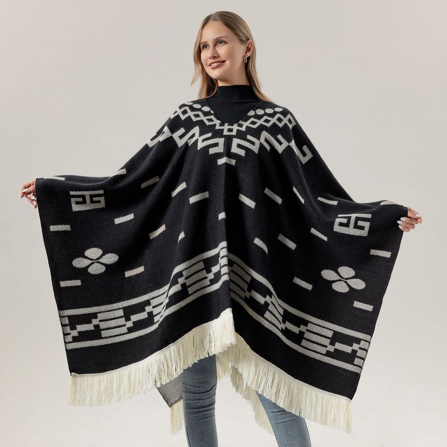 Coffee Women's Versatile Faux Cashmere Poncho Cape Shawl with Geometric Pattern & Fringe Trim - One Size