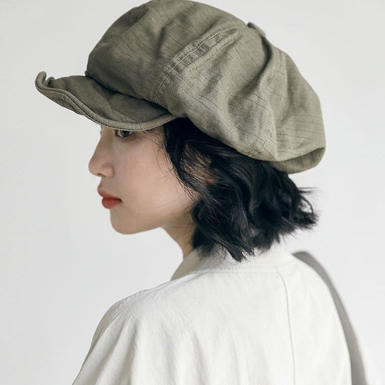 Harajuku Green Women's Vintage Style Baker Boy Cap - Soft Cotton Linen Blend