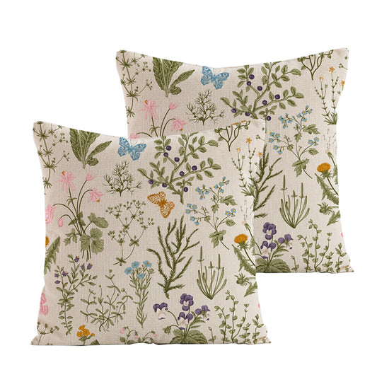 Style 2 Wildflower Linen Pillow Cover - Botanical Print Cushion Case (One pair: 45x45cm)