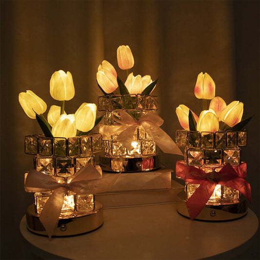 Orange tulips LED Crystal Flower Table Lamp - USB Rechargeable Touch Control Night Light