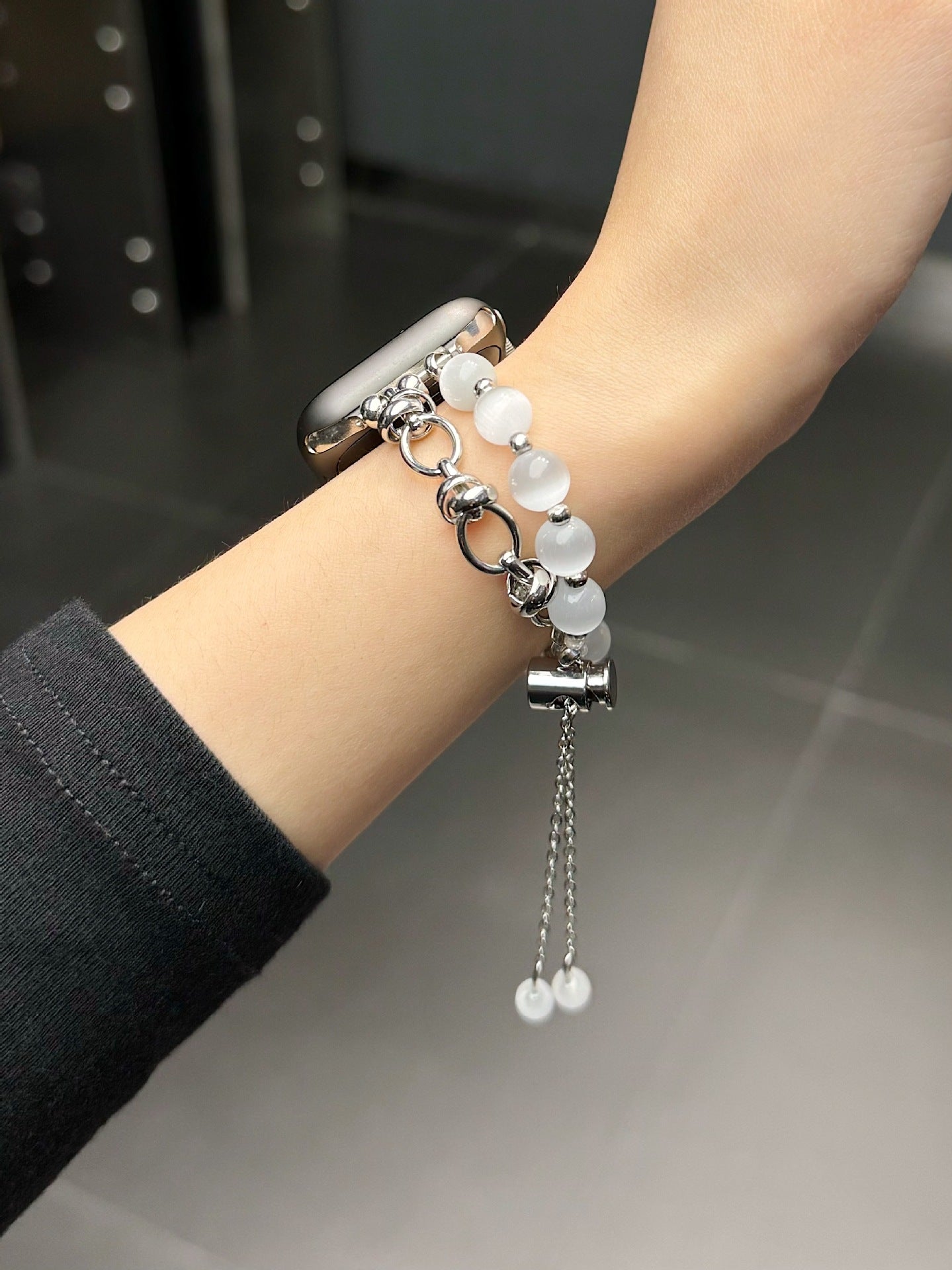 2-pcs Silver Elegant Cat's Eye Beaded Bracelet Band for Apple Watch - Women's Luxury Strap (Compatible Size :38/40/41MM )