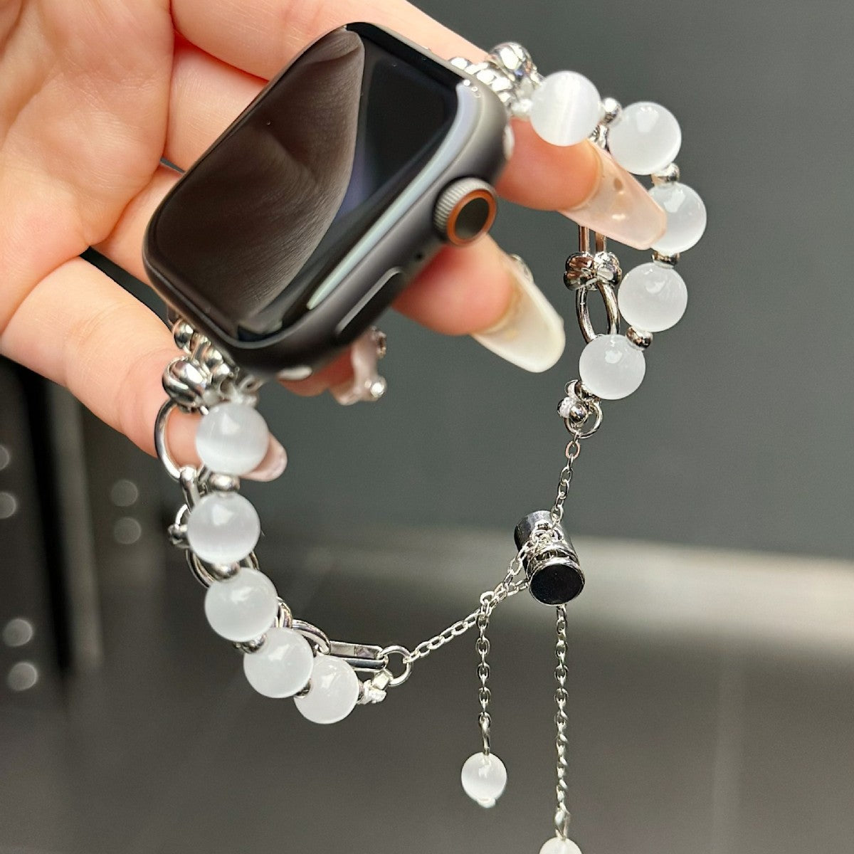2-pcs Silver Elegant Cat's Eye Beaded Bracelet Band for Apple Watch - Women's Luxury Strap (Compatible Size :38/40/41MM )