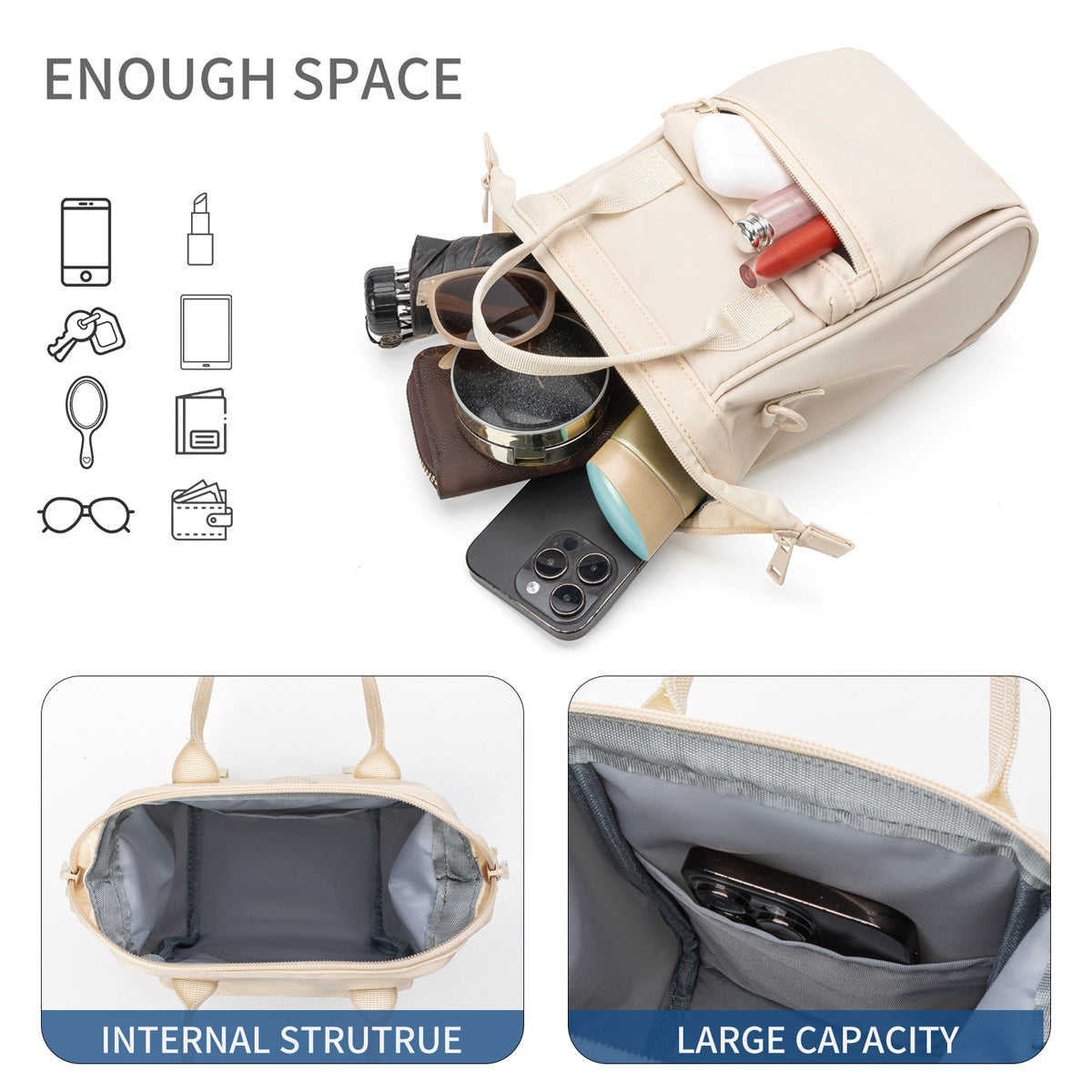 Beige Mini Waterproof Oxford Backpack - Lightweight 263g Travel Crossbody Bag with Adjustable Straps