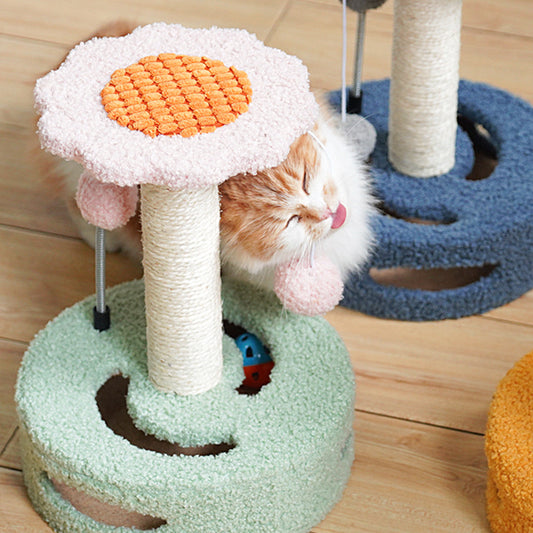 Yellow And Pink Sunflower Cat Scratching Post - 35cm Sisal Cat Tree with Plush Toys for Small Cats