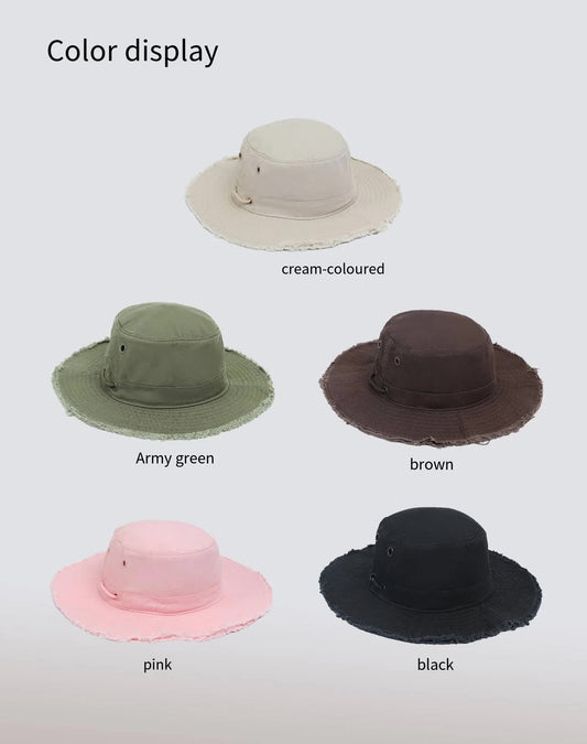 Beige Packable Cotton Bucket Hat - Folds into Wearable Pouch | Frayed Edge Sun Hat with Chin Strap