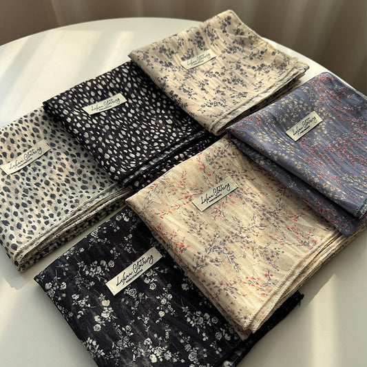 Style 7 Light Khaki Versatile Patterned Square Scarf | 65x65cm Lightweight Polyester Neckerchief Headband | Vintage Polka Dot & Floral