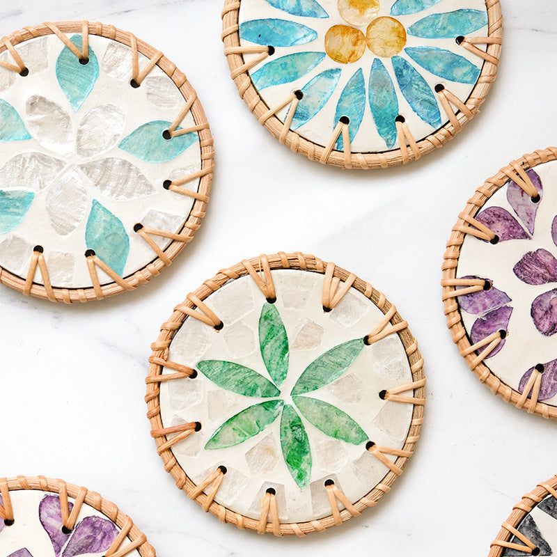 4 Pcs Beige Background With Blue and Grey flower Handcrafted Rattan Coaster with Natural Shell Inlay - Decorative & Heat Insulating Drink Mat