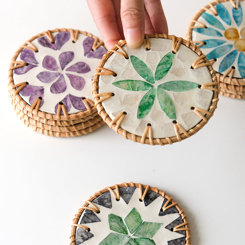4 Pcs Beige Background With Blue and Grey flower Handcrafted Rattan Coaster with Natural Shell Inlay - Decorative & Heat Insulating Drink Mat