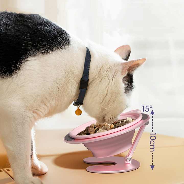 Pink Foldable Elevated Pet Bowl Set - Tilted Ergonomic Cat Feeder with Aluminum Stand & Silicone Bowl
