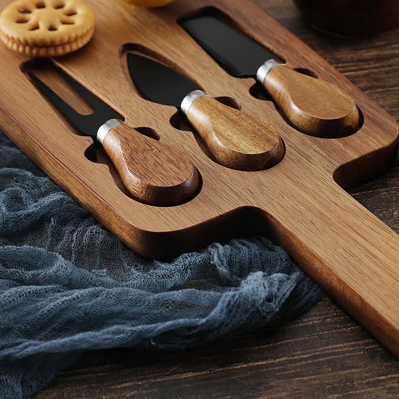 Brown And Black Premium Acacia Wood Cheese Board Set | Charcuterie Platter with 3 Stainless Steel Knives