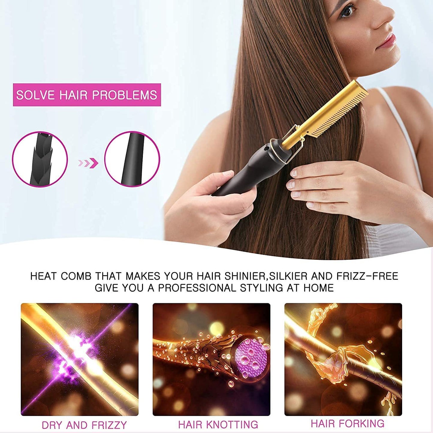 Gold and Black Electric Hot Comb Hair Straightener - Fast Heating Styling Tool with 3 Temp Settings & Anti-Scald Guard