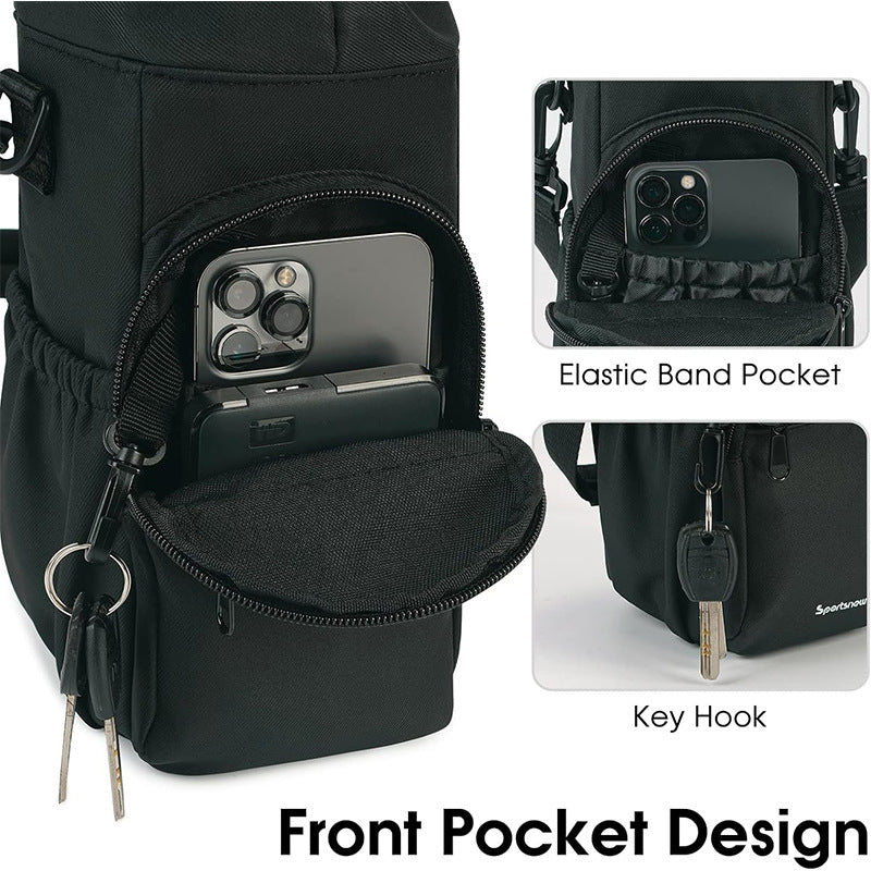 Black Insulated Cup Holder Bag with Adjustable Strap - Water Bottle Carrier with Lock Drawstring & Heatproof Handle