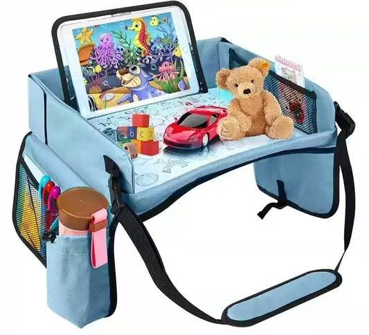 Blue Car Seat Organizer Tray for Kids - Travel Toy Storage with 43Ă36.5Ă30cm Large Capacity - Backseat Activity Tray with Storage Pockets