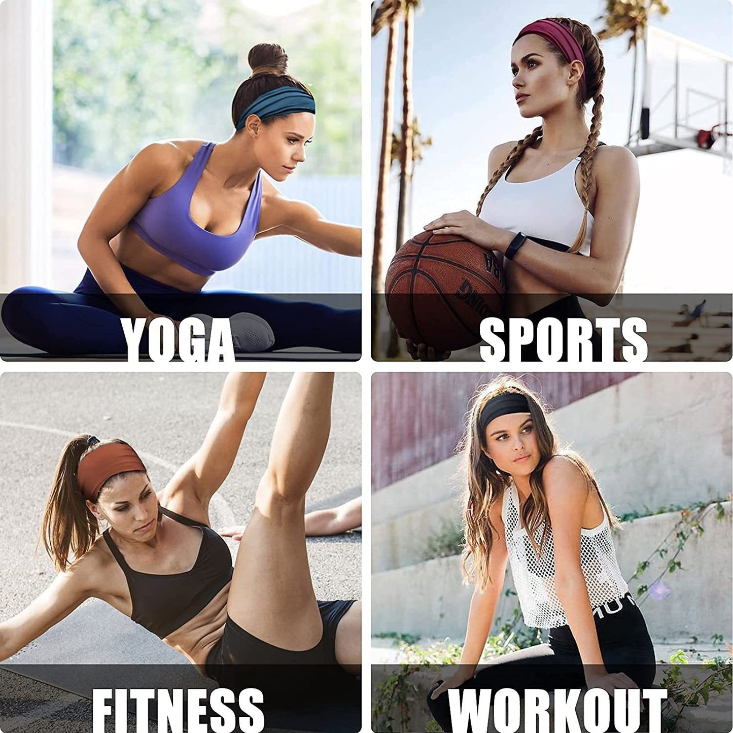 Grey 5-Pack Wide Sports Headbands for Women - Non-Slip Yoga Headwraps with Sweat-Wicking Fabric (88% Nylon+12% Spandex)