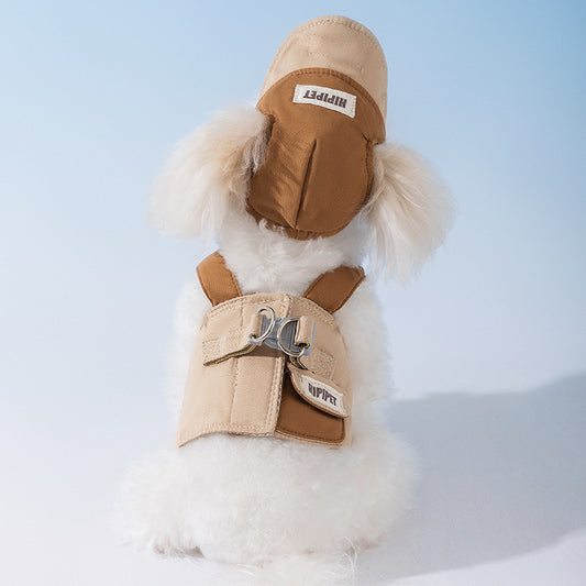 XL Brown Pet Sun Hat with Adjustable Strap + Leash & Harness 3-Piece Set - Breathable Summer Cap for Dogs & Cats with Ear Holes