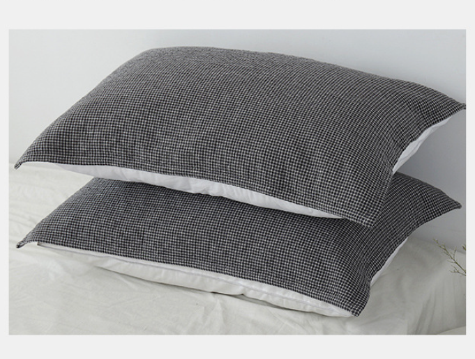 Grey Breathable 4-Layer Cotton Gauze Pillow Towel Pair - Japanese Style Grid (52x75cm)