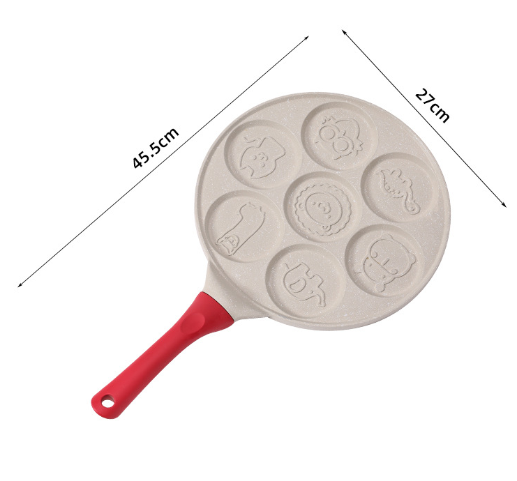 Beige Cartoon + Red Handle (Gas Model) Non-Stick Pancake Pan - 7-Hole Fun Shapes Breakfast Griddle (27cm)