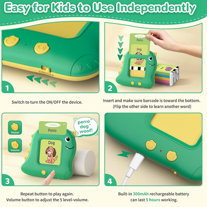 Little Green Dinosaur Spanish & English Bilingual Flash Card Reader - Interactive Audio Learning Toy (112 Cards)