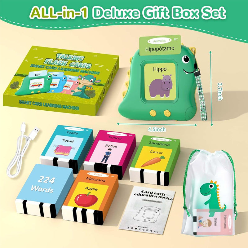 Little Green Dinosaur Spanish & English Bilingual Flash Card Reader - Interactive Audio Learning Toy (112 Cards)
