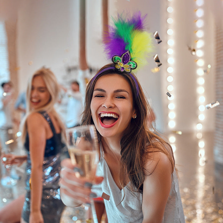 Heart Pattern Festive Mardi Gras Feather Headband Set - 10 Pack Sequin Jester Hat Party Accessory