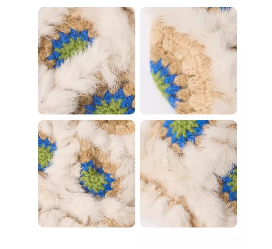 Plush Floral Bucket Hat,Warm Crocheted Winter Hat in White yellow-Hat circumference: 56-60cm