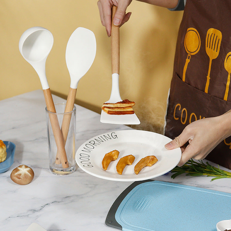 Light Grey 11-Piece Silicone Kitchen Utensil Set with Wooden Handles and Storage Bucket - Heat Resistant and Non-Stick