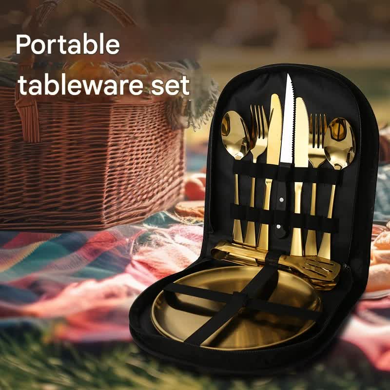 6-Piece Portable Stainless Steel Cutlery Set with Plate and Bag - Gold, Great for Camping and Travel (Steak Knife)