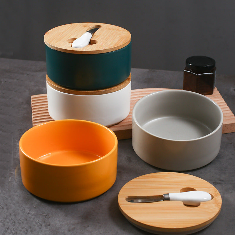 Green Nordic Ceramic Butter Dish with Knife - Airtight Cheese Container with Bamboo Lid, Kitchen Storage
