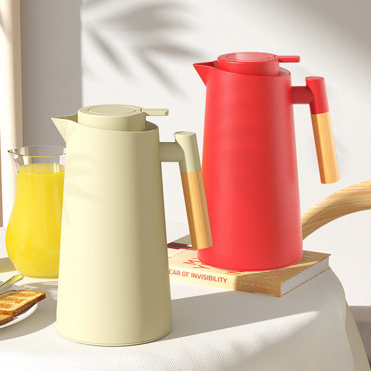 1000ml Black thermos bottle with wooden handle, double-layer glass liner coffee pot, suitable for hot and cold drinks