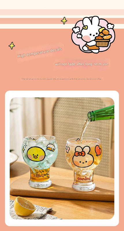 Mini Cartoon Glass Tumbler 400ml,Cute Beer and Juice Cup for Cold Drinks(White rabbit)