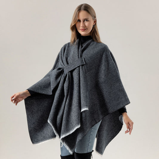 Solid Knit Poncho Shawl,Warm Fall/Winter Cape with Slit and Crossbar Design(Coffee)